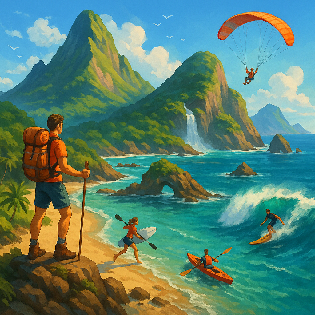 Adventure seekers hiking, surfing, kayaking, and paragliding in a lush tropical island with ocean waves and mountains.