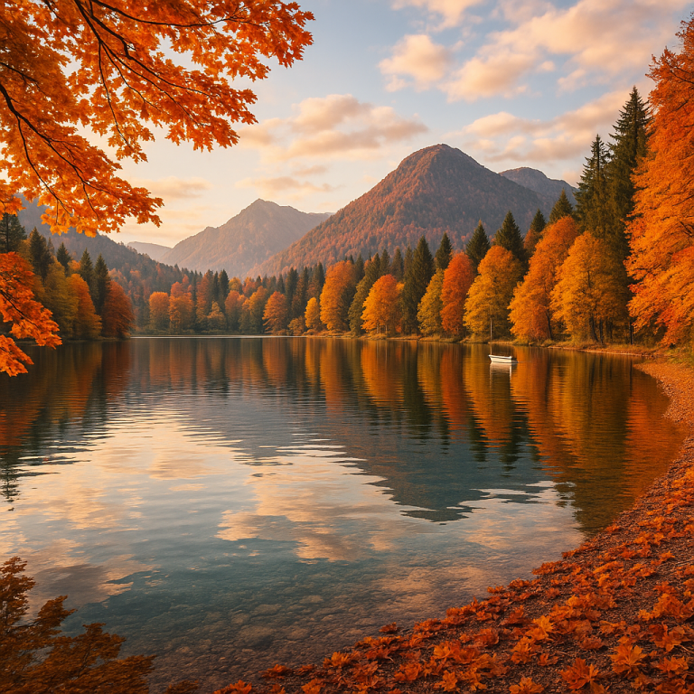 Calm lake reflecting vibrant autumn foliage and surrounding mountains under a clear sky, perfect for scenic breaks in nature.