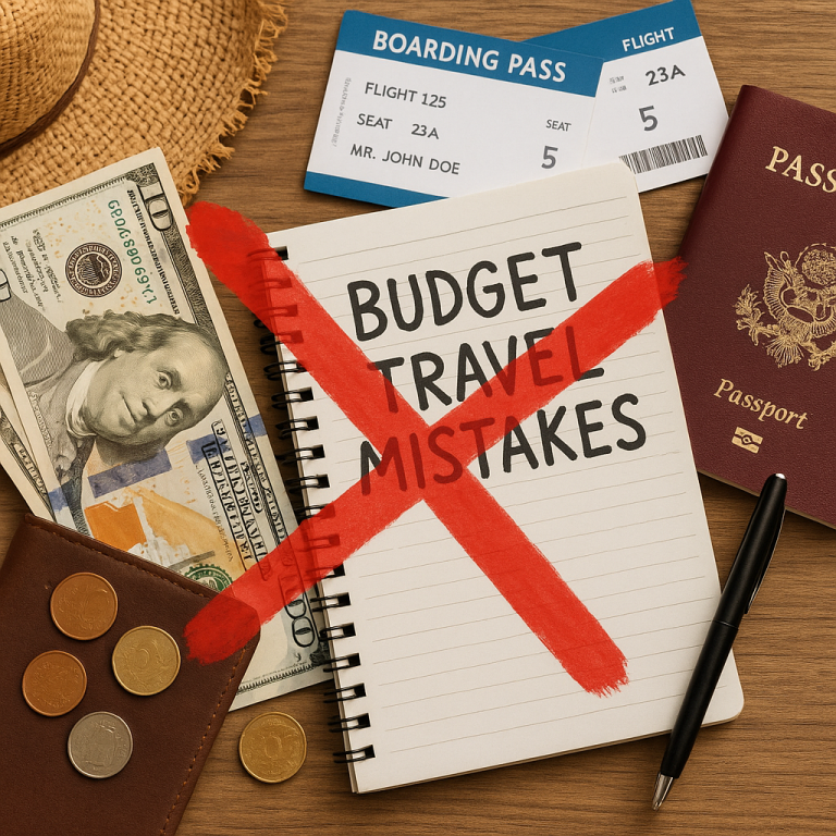 Notebook with "Budget Travel Mistakes" crossed out, surrounded by passport, boarding pass, money, and a hat.