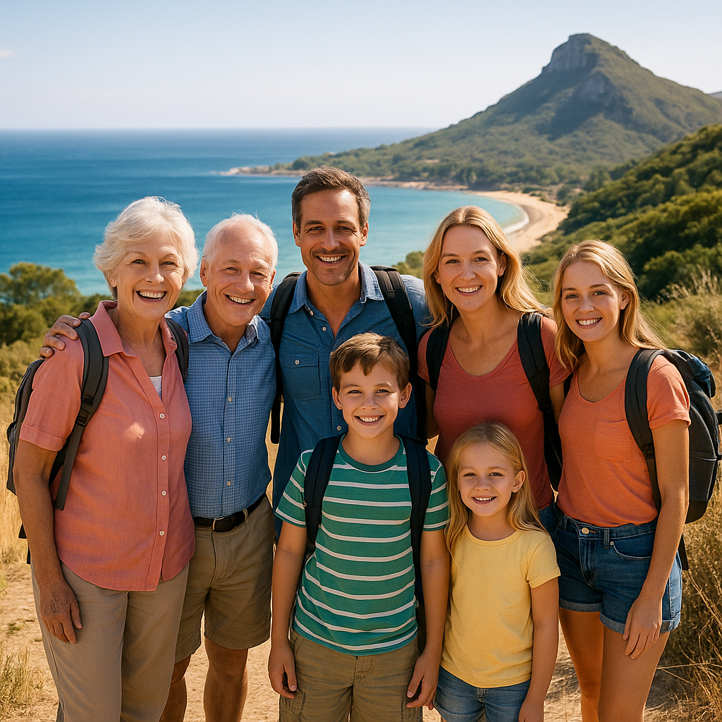 Multi-generational family hiking with backpacks near a scenic coastal mountain and beach, enjoying nature together.