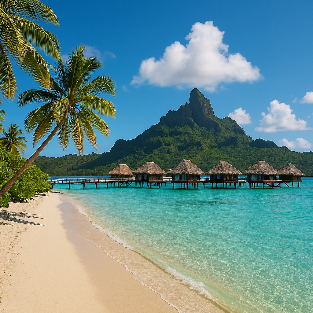 Tropical beach with palm trees and overwater bungalows set against a mountain backdrop, perfect for a digital detox.