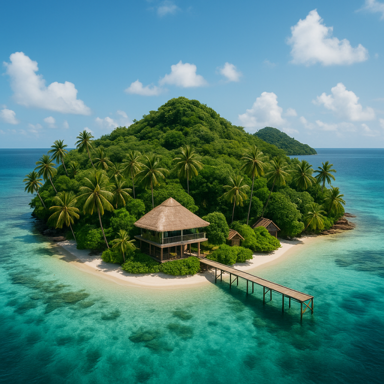 Tropical eco island with lush greenery, wooden bungalow, pier, and clear turquoise waters highlighting sustainable travel.