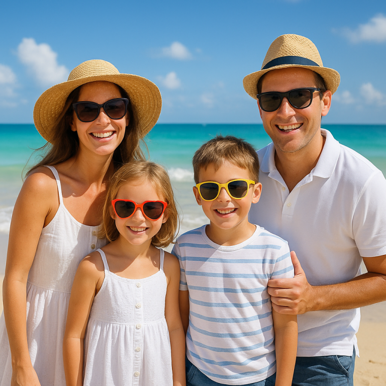 Happy family of four wearing sunglasses and hats enjoying a sunny beach holiday by the seaside.
