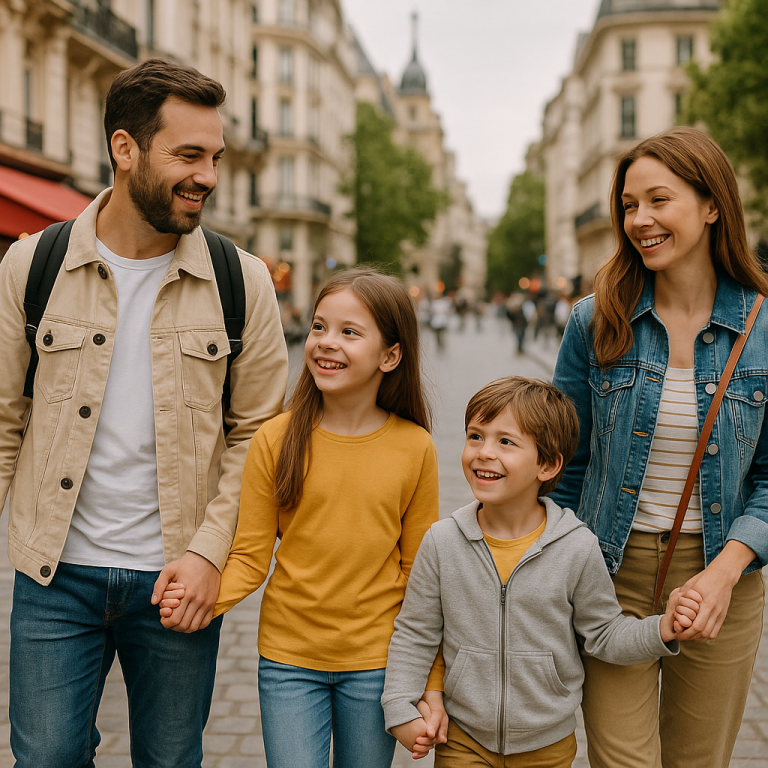 Happy family of four holding hands and walking together on a city street during a family city break.