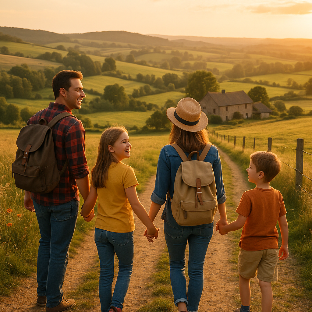 Family hiking along a scenic countryside trail at sunset, enjoying nature and quality time together.