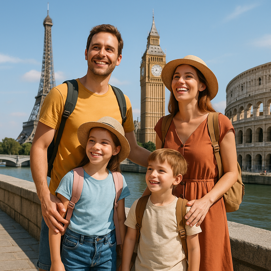 Happy family of four sightseeing famous European landmarks like the Eiffel Tower, Big Ben, and the Colosseum.