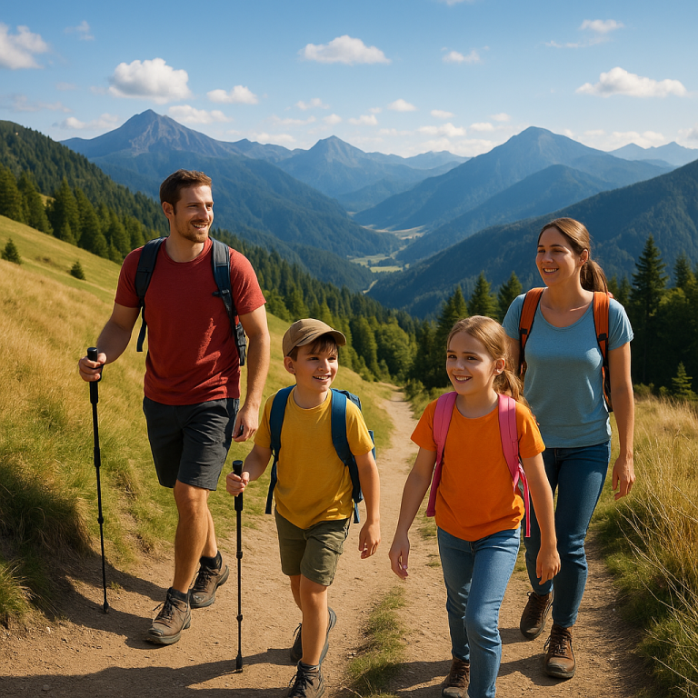 Family hiking with kids on a scenic mountain trail, carrying backpacks and walking sticks, enjoying a sunny day outdoors.