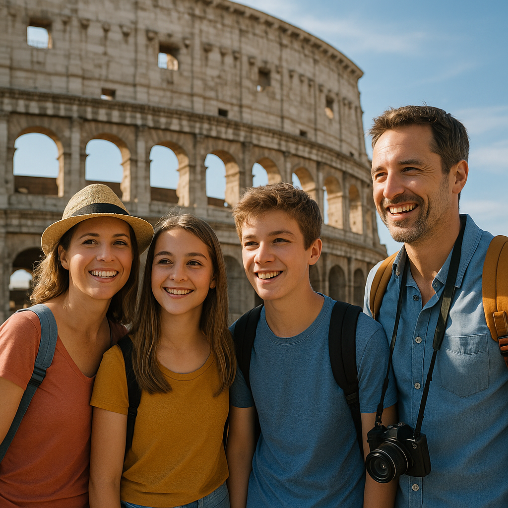 Happy family of four tourists smiling in front of the Colosseum in Rome, enjoying travel with teenagers.