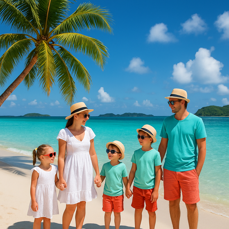 Family of five enjoying a sunny tropical beach with palm trees and clear blue water, perfect for island travel with kids.