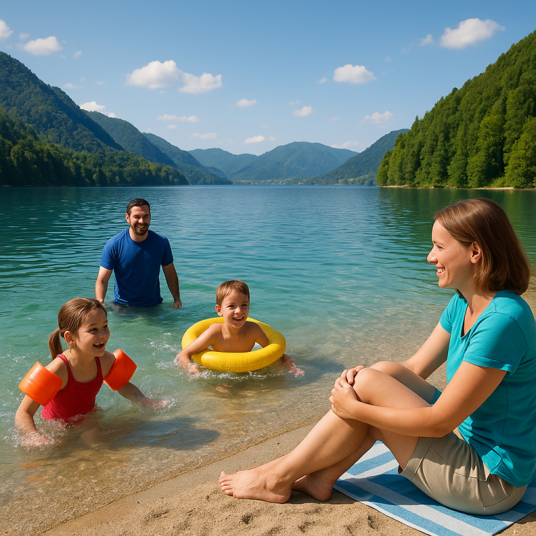 Family enjoying swimming and relaxing by a sunny, scenic mountain lake on a safe family lake holiday.