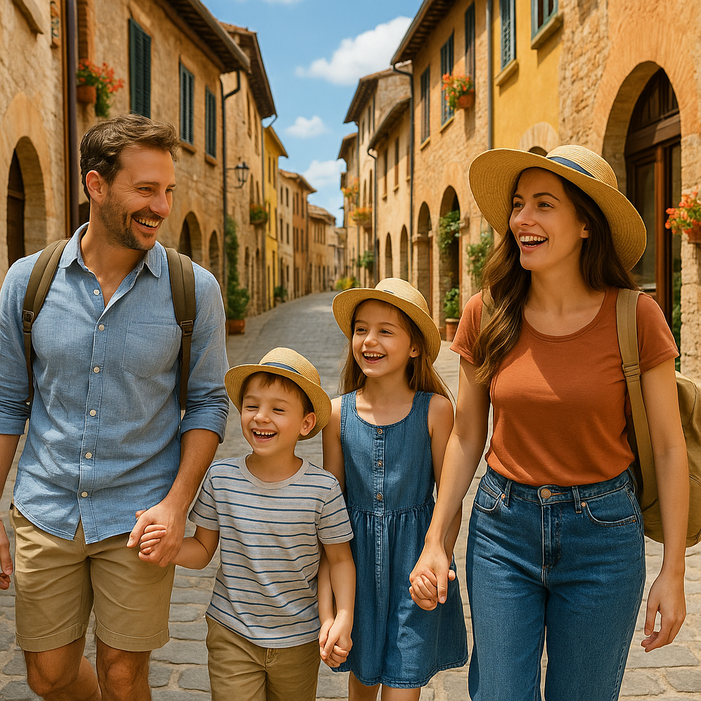 Happy family of four walking and enjoying a sunny day in a charming European village during a short family break.