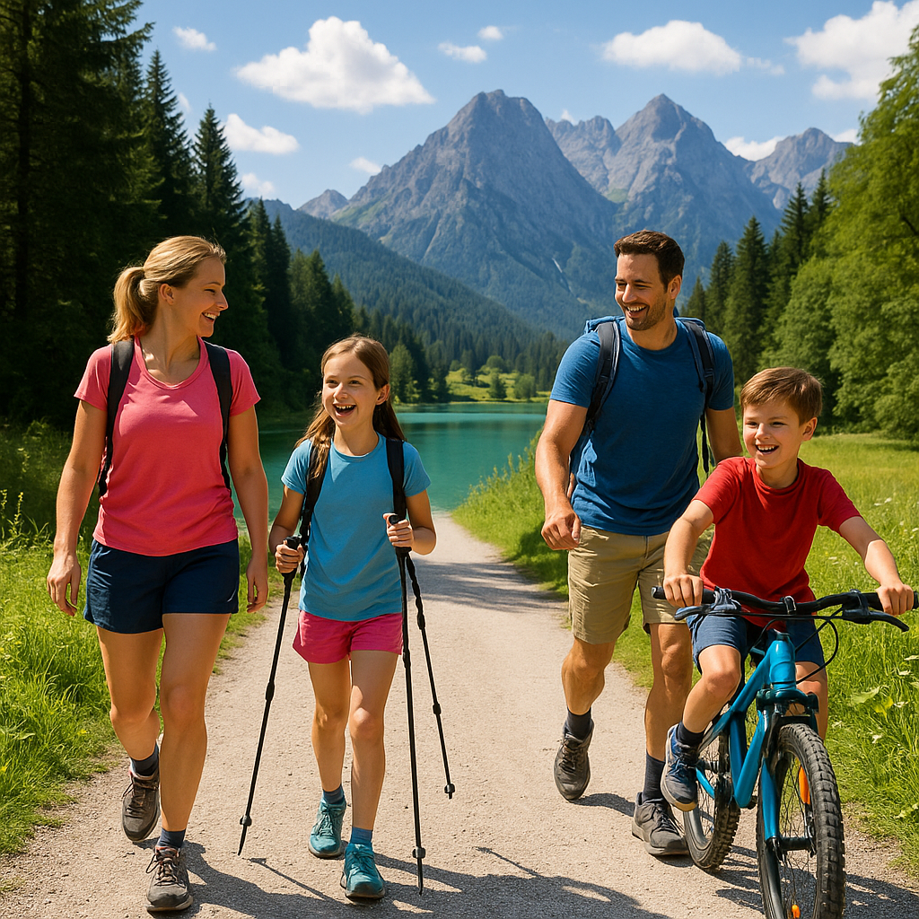 Family hiking and biking together in a scenic mountain landscape, enjoying active family holidays and kids activities.