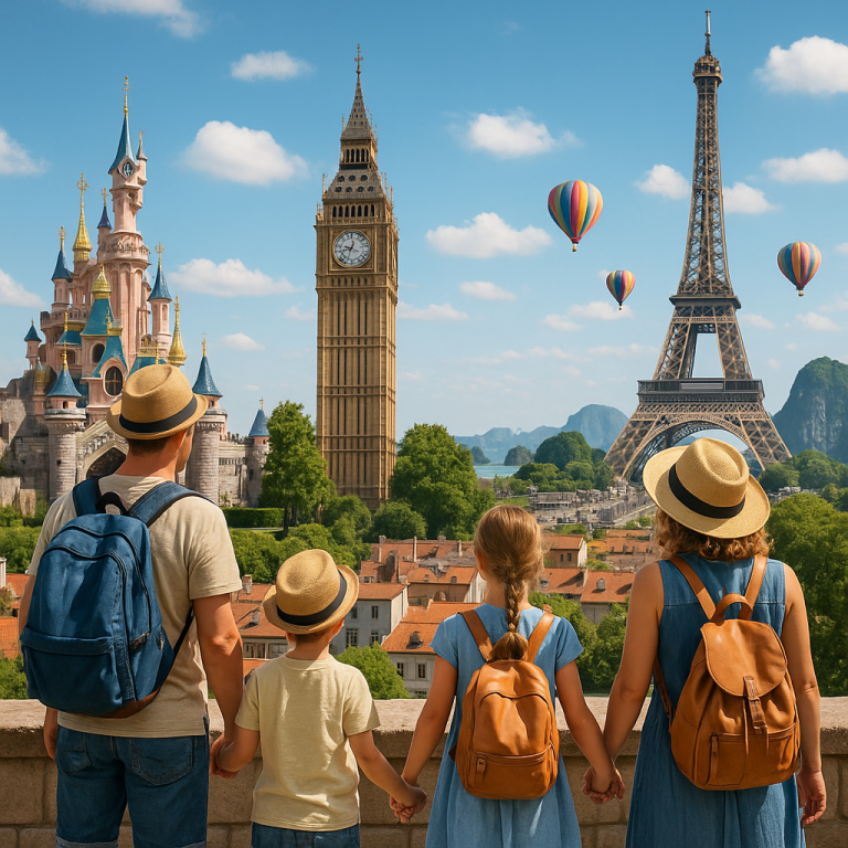 Family sightseeing famous landmarks like Big Ben, Eiffel Tower, and a castle with hot air balloons in the sky.