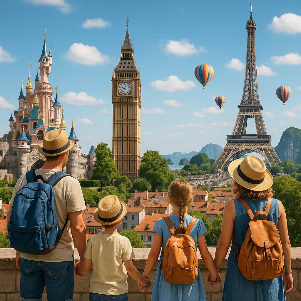 Family sightseeing famous landmarks like Big Ben, Eiffel Tower, and a castle with hot air balloons in the sky.