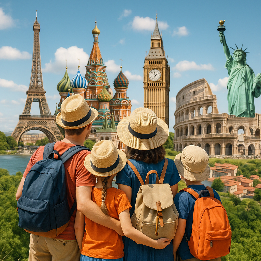 Family of tourists visiting iconic global landmarks like the Eiffel Tower, Big Ben, Colosseum, Statue of Liberty, and St. Bas