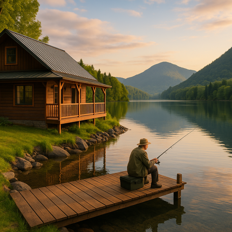 Man fishing from a dock at sunset by a peaceful lakeside cabin, perfect for fishing trips lake fishing accommodation.