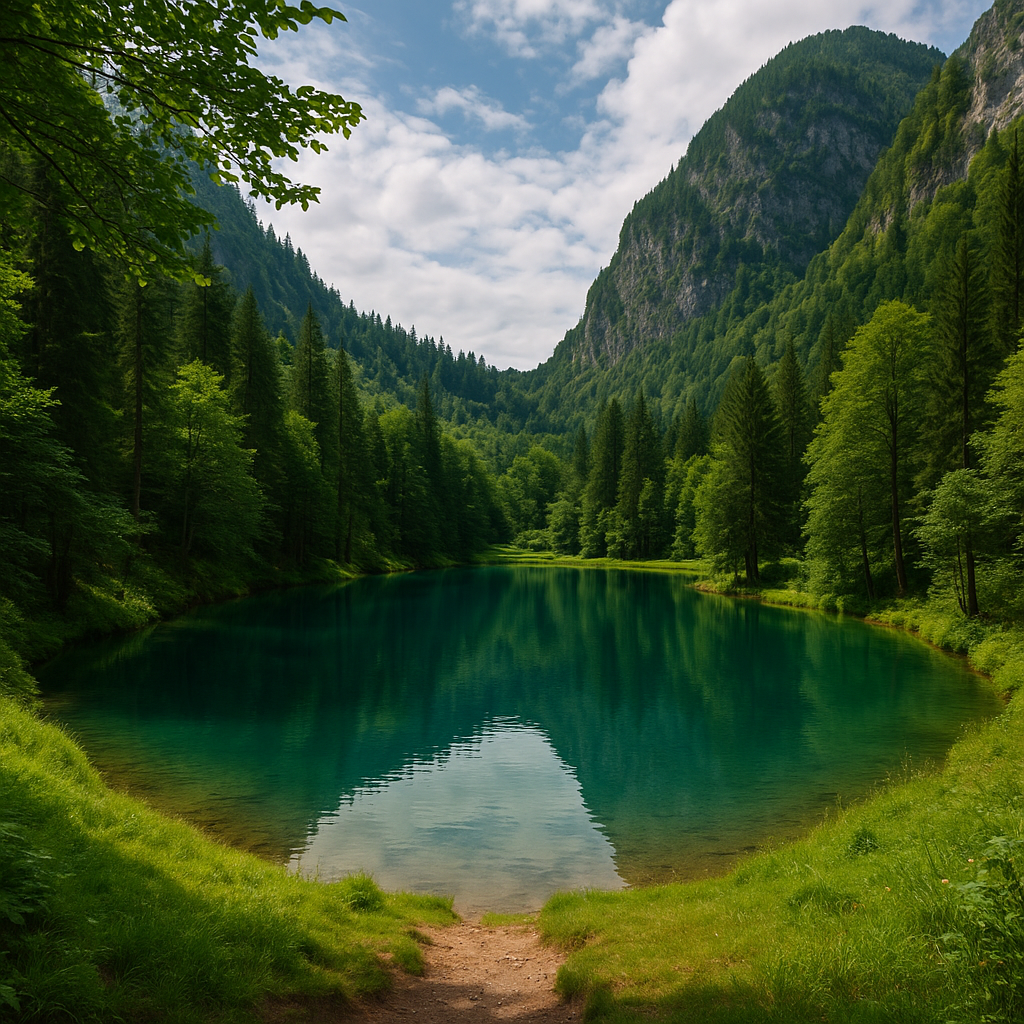 Scenic hidden mountain lake surrounded by lush green forest under a partly cloudy sky, perfect for peaceful travel breaks.