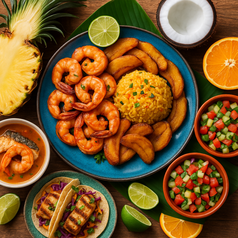 Plate of Caribbean shrimp, rice, fried plantains, fresh fruit, and salsa showcasing vibrant island food flavors.