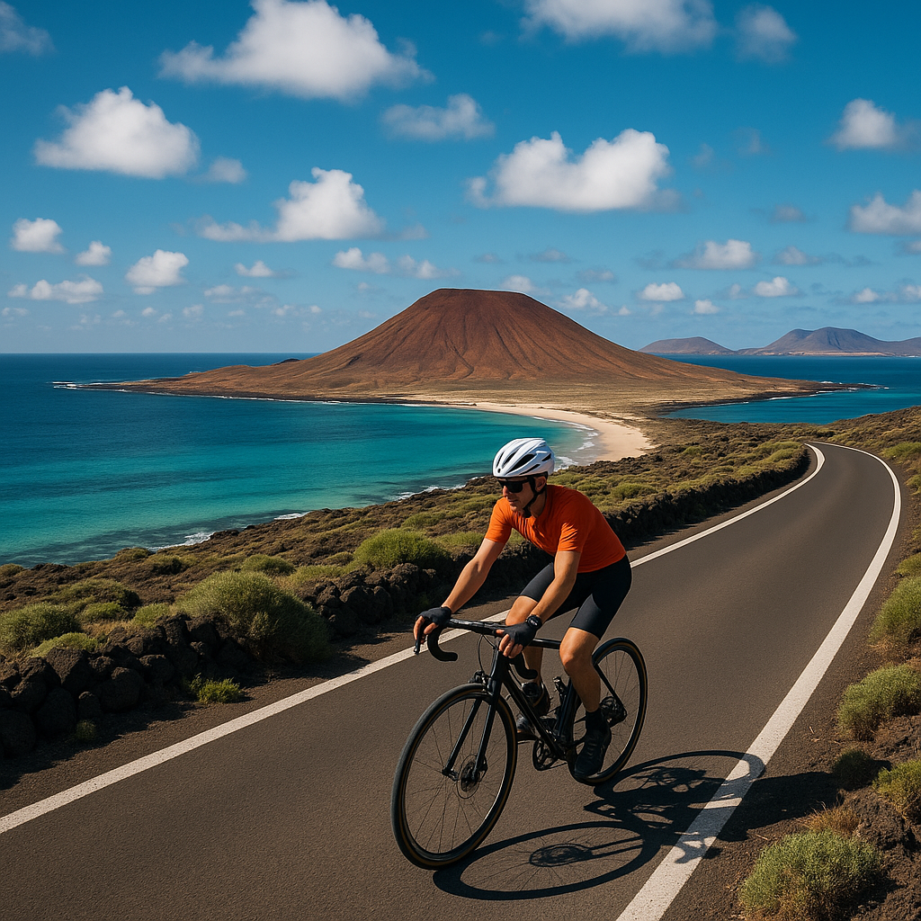 Cyclist riding on a coastal road with a volcanic mountain and blue ocean, showcasing a top island cycling destination.