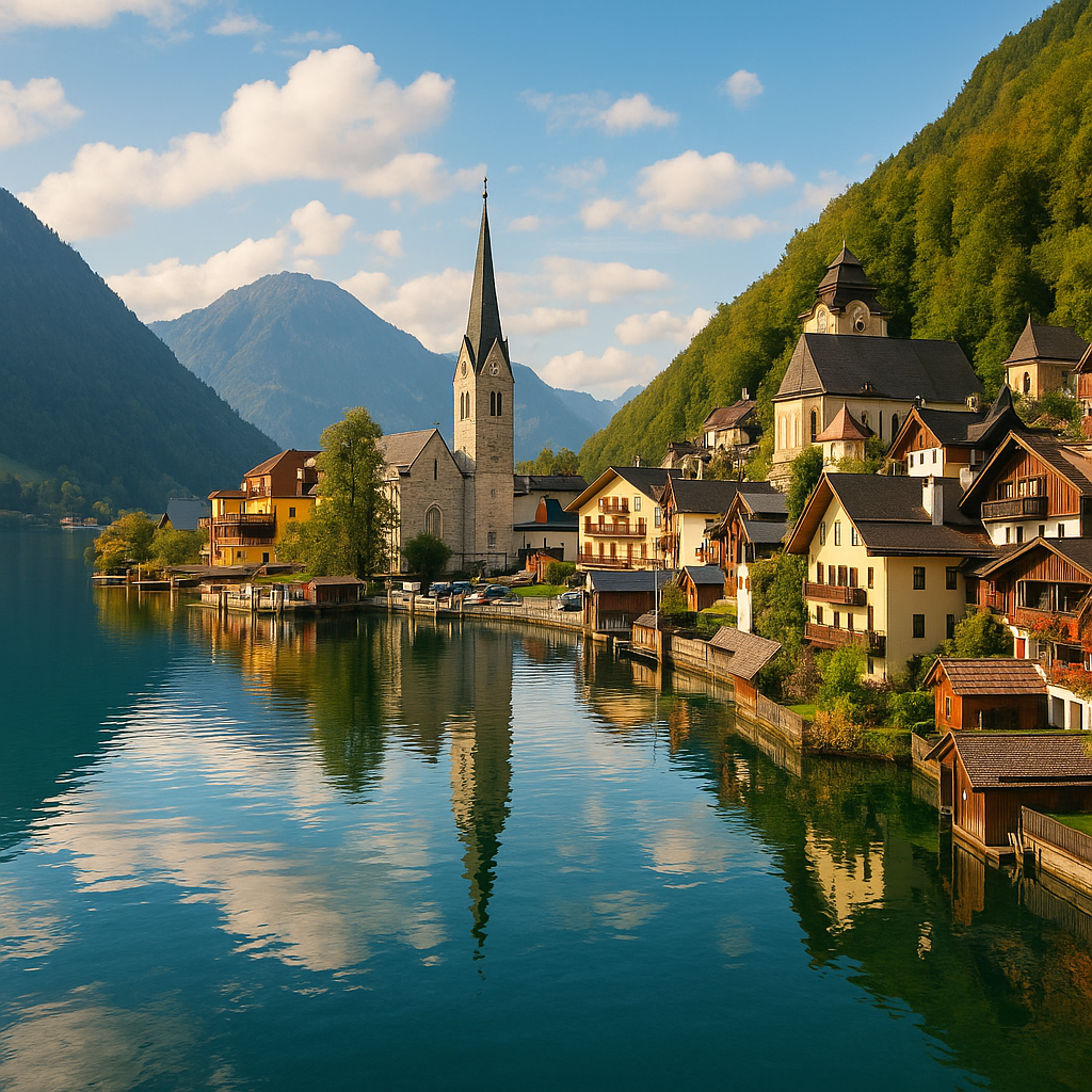 Picturesque lakeside village with alpine houses, a church steeple, and mountains under a clear sky.