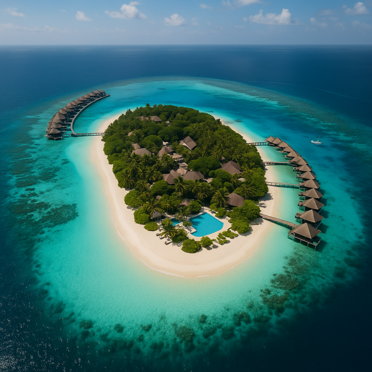Aerial view of a tropical luxury island resort featuring overwater bungalows and clear turquoise ocean waters.