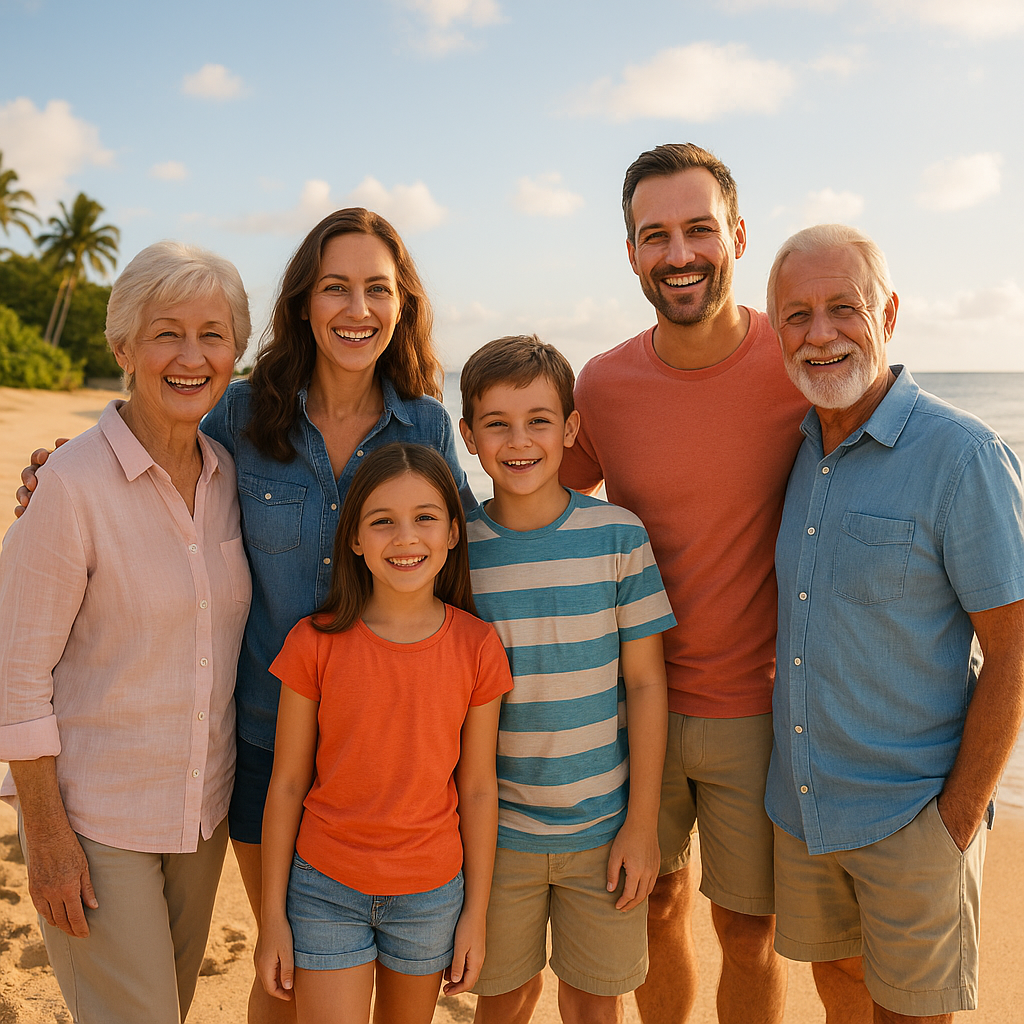Happy multi-generational family smiling and playing together on a sunny beach during a family holiday.