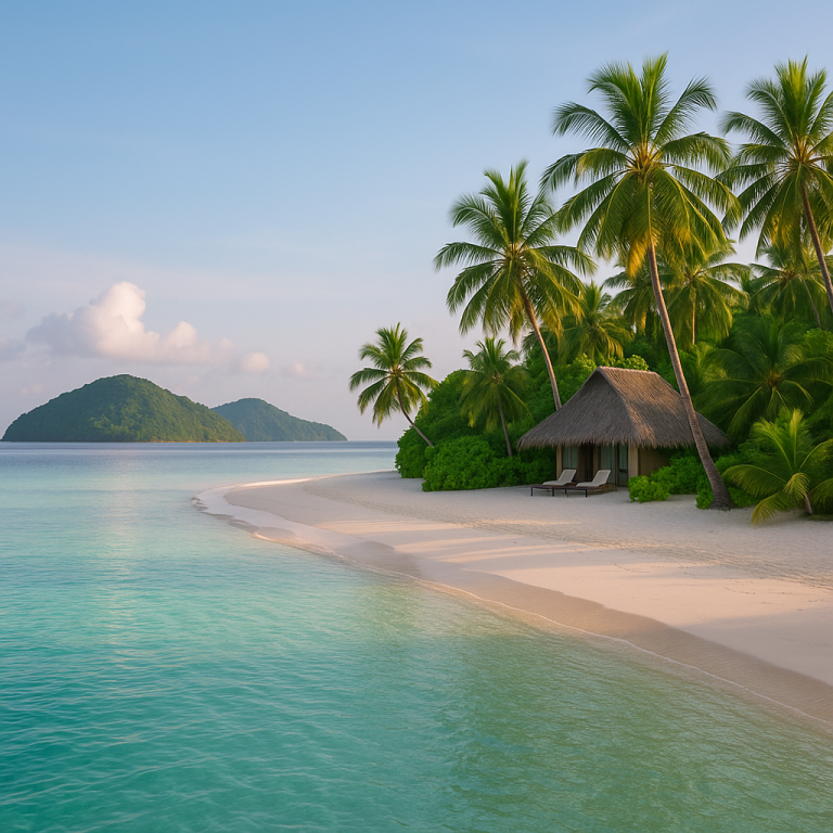 Tropical beach with palm trees, clear turquoise water, white sand, and a thatched hut on a quiet island.