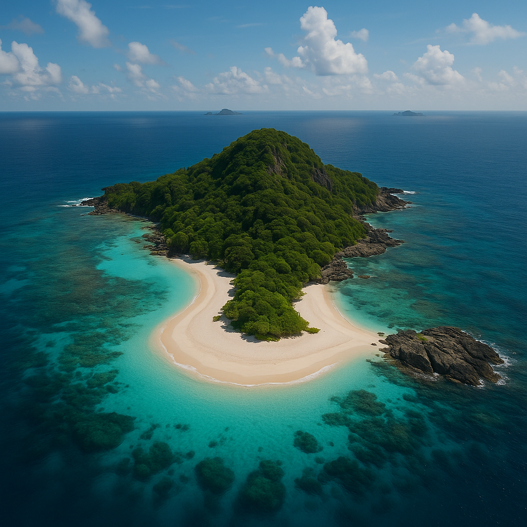 Aerial view of a remote tropical island with lush greenery, white sandy beaches, and clear turquoise waters for secluded stay