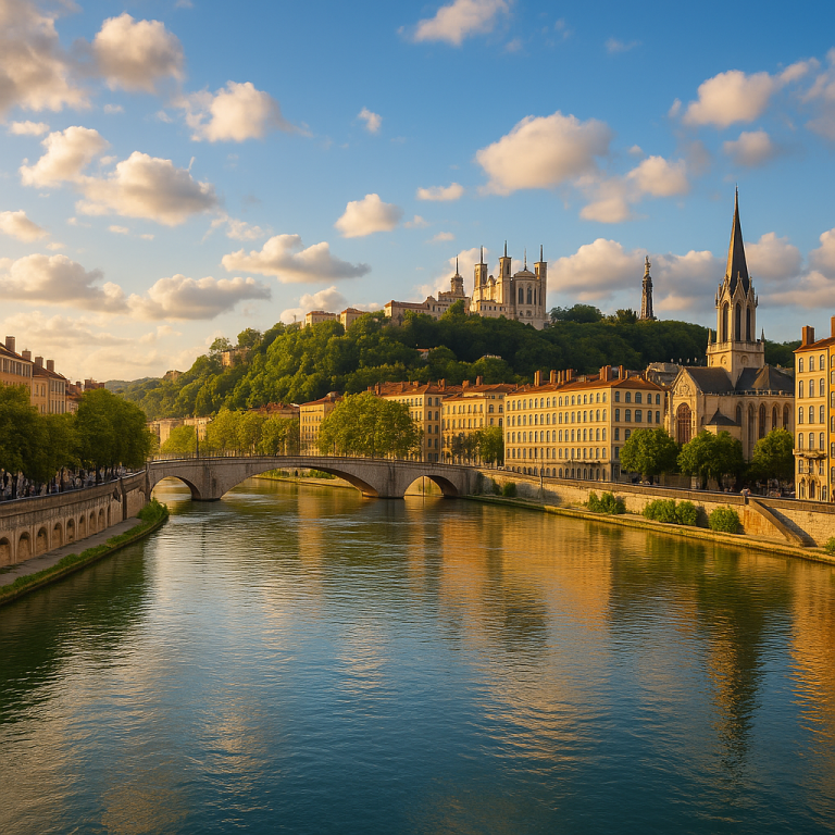 Sunset over Lyon city with Saône River, historic buildings, and Basilica of Notre-Dame de Fourvière in view.
