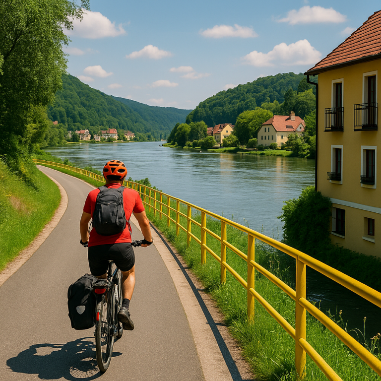 Cyclist rides a scenic riverside path with green hills and houses, showcasing river cycling routes and bike-friendly stays.