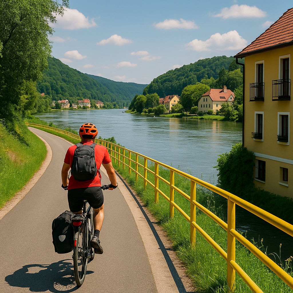 Cyclist rides a scenic riverside path with green hills and houses, showcasing river cycling routes and bike-friendly stays.