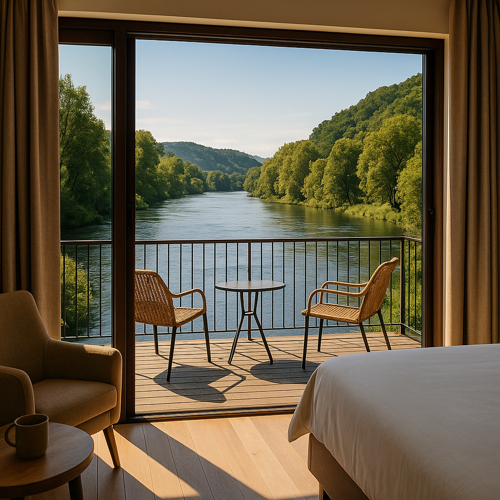 Balcony of a cozy riverside room with outdoor seating overlooking a scenic, calm river and lush greenery.