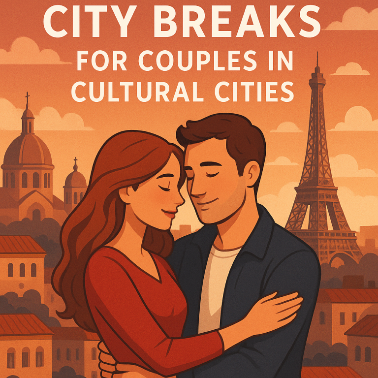 Couple walking hand-in-hand by iconic cultural landmarks in a romantic city, enjoying art, history, and vibrant streets.