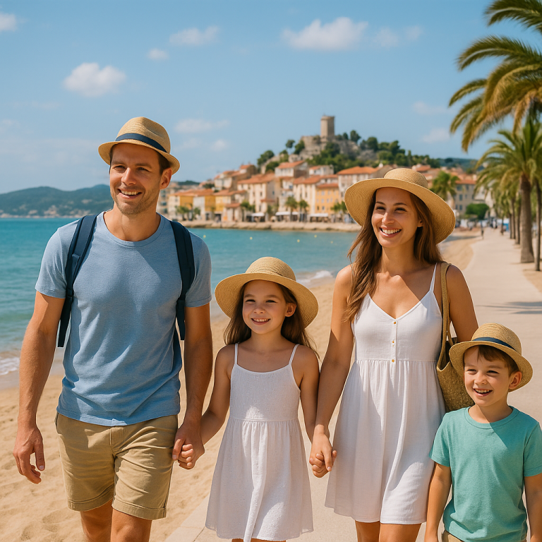 Happy family smiling and relaxing by the sunny seaside with coastal views, enjoying a safe and relaxed holiday.