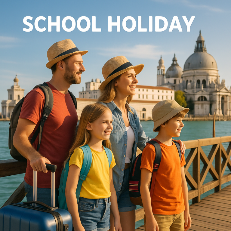 Happy family enjoying a school holiday travel vacation by the waterfront with historic buildings in the background.