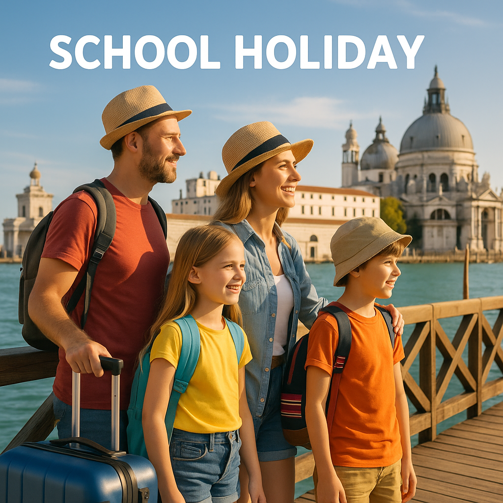 Happy family enjoying a school holiday travel vacation by the waterfront with historic buildings in the background.