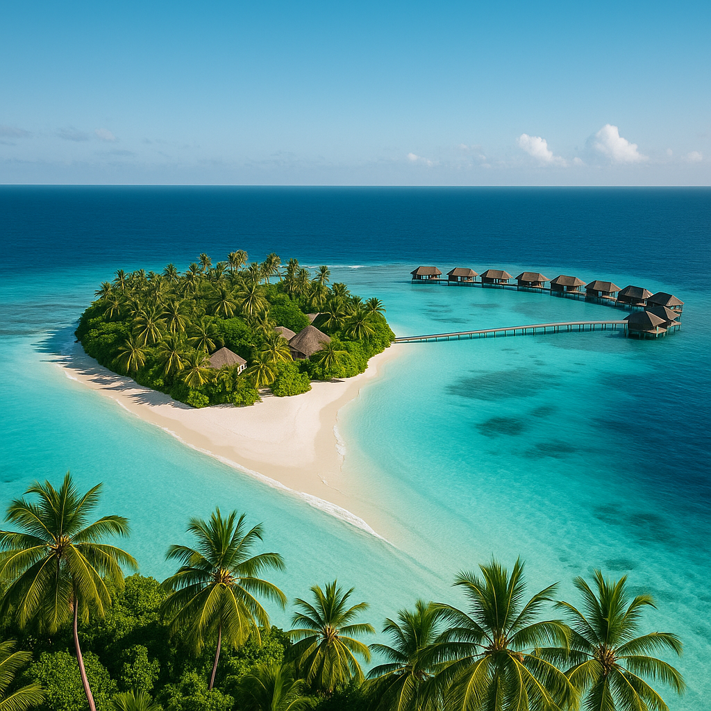 Aerial view of a tropical sea view island resort with overwater bungalows and turquoise ocean waters.