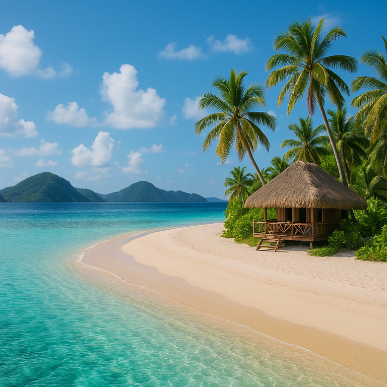 Tropical beach with clear turquoise water, palm trees, and a thatched hut, ideal for slow travel island stays.