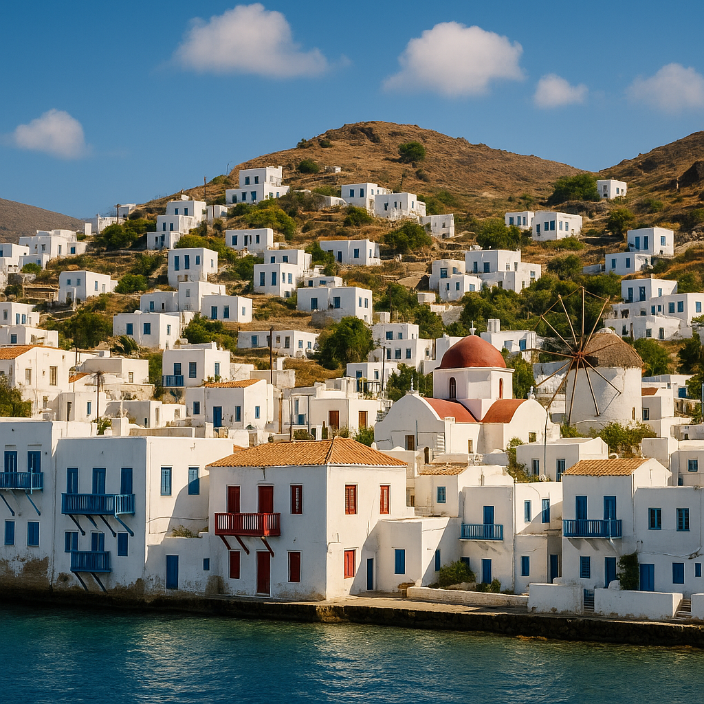 Scenic Greek island village with traditional white houses and a windmill overlooking the sea on a hillside.