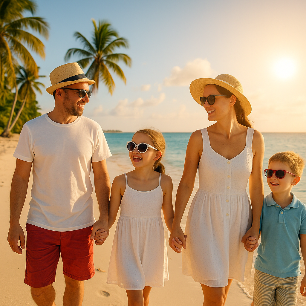 Happy family playing and relaxing on a sunny beach with palm trees and clear ocean waves.