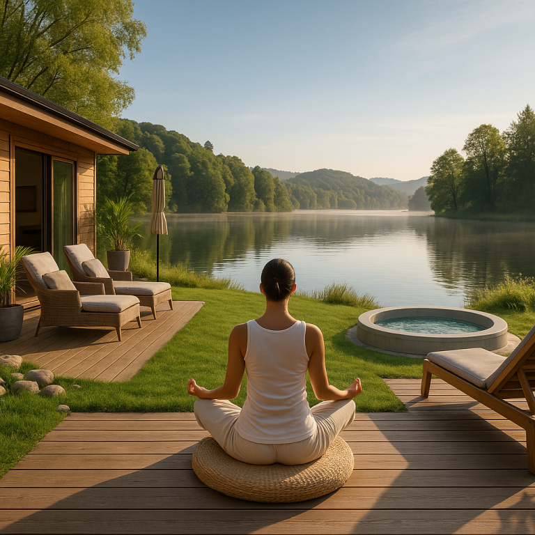 Woman meditating on a lakeside deck at sunrise with forest and mountain views, embodying wellness and relaxation by water.