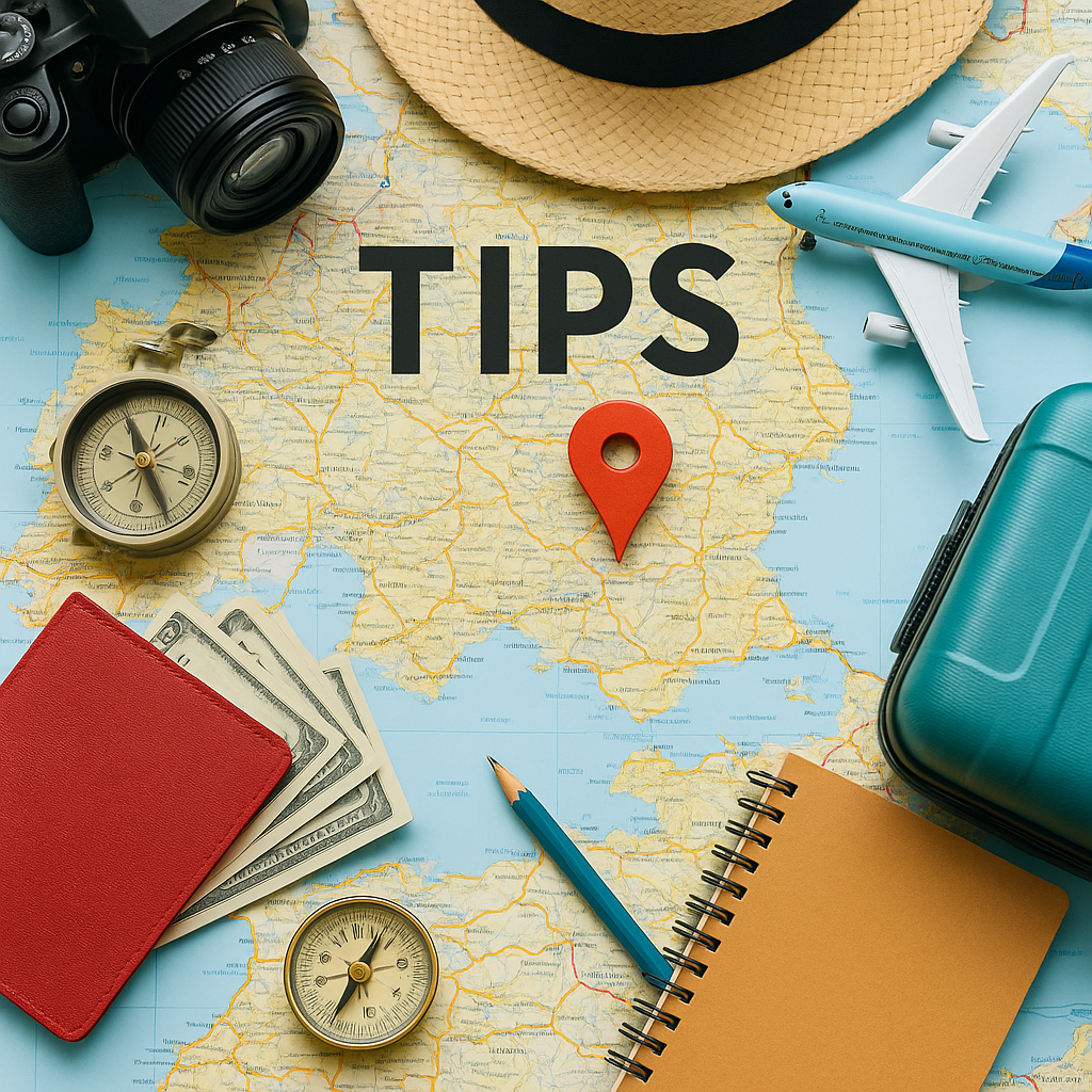 Flat lay of travel essentials: map, camera, compass, passport, money, notebook, and toy airplane for budget travel tips.