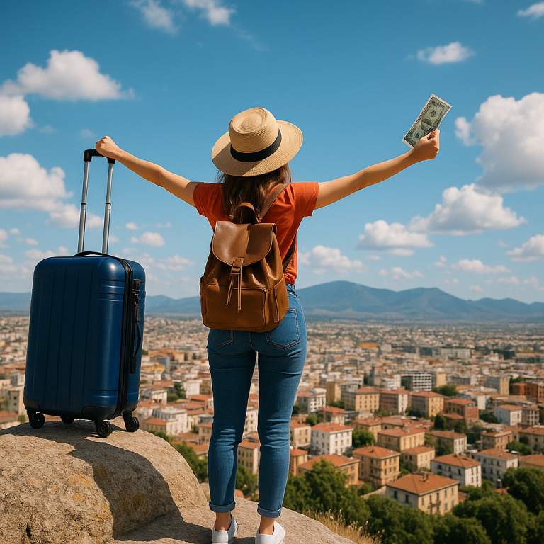 Woman traveler holding money and suitcase, enjoying a sunny city view, illustrating travel more for less tips.