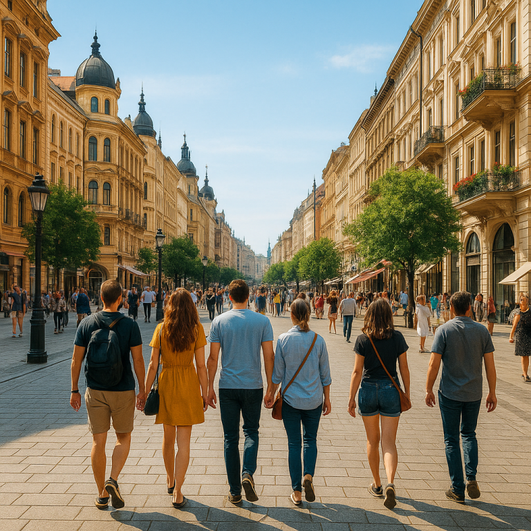 Friends walking along a sunny historic European street, showcasing a walkable city and cultural city walking route