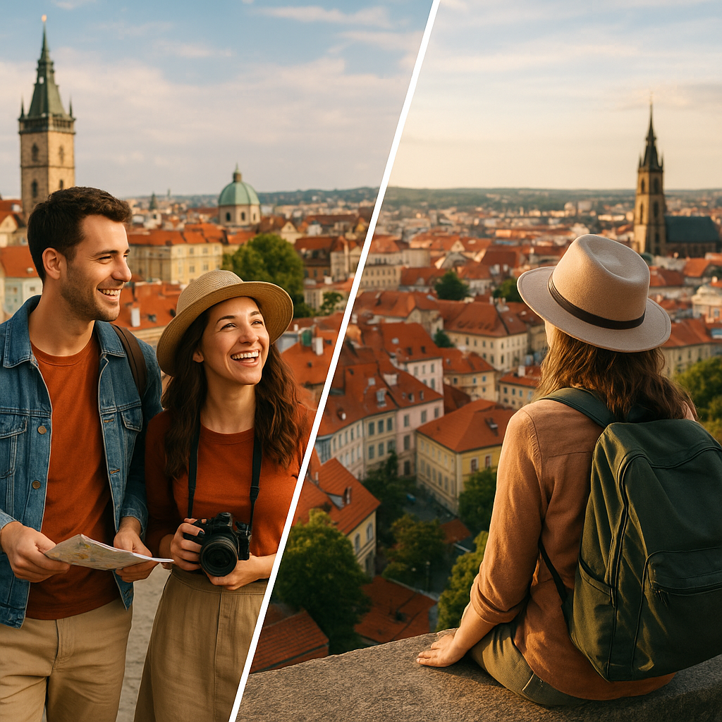 Couple enjoying panoramic view over historic European city, comparing weekend city breaks vs long stay city travel