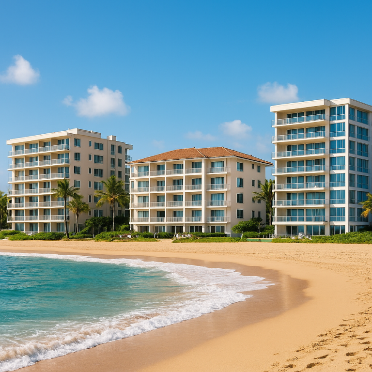 Modern beachfront apartment buildings with palm trees beside a sandy shore, showcasing coastal hotels and beach apartments