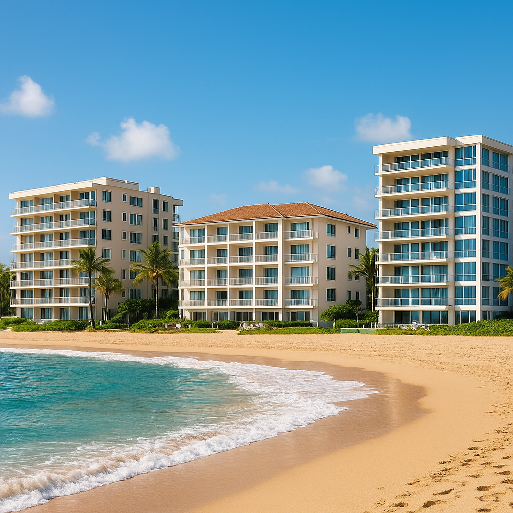 Modern beachfront apartment buildings with palm trees beside a sandy shore, showcasing coastal hotels and beach apartments