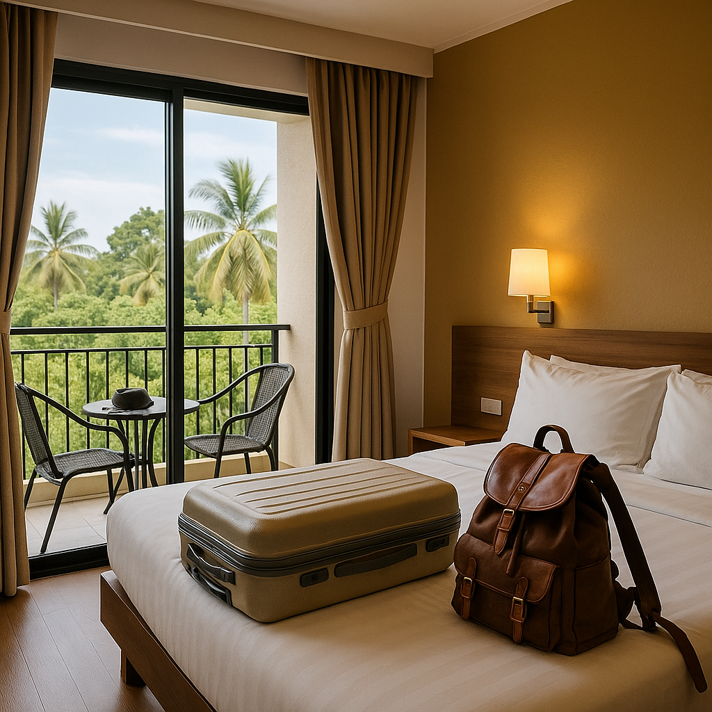 Cozy hotel room with packed luggage on bed and balcony view of tropical palm trees, illustrating quality budget travel stays.