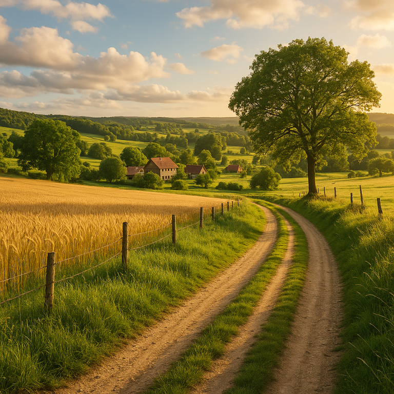 Winding dirt road through golden fields and green pastures under a partly cloudy sky in the countryside.