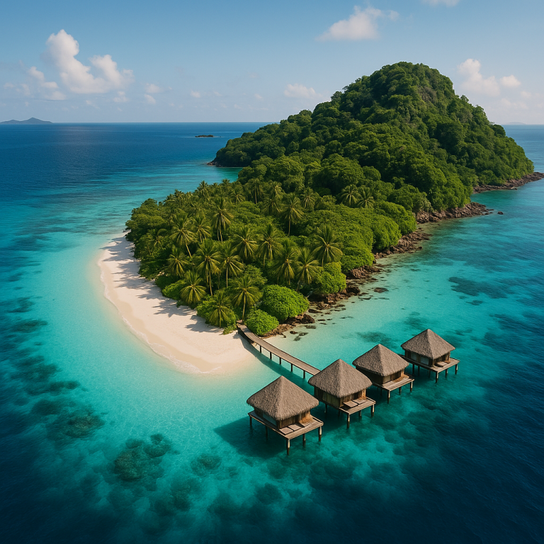 Aerial view of a tropical island with lush greenery, white sandy beaches, and overwater bungalows in a clear blue ocean.
